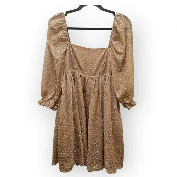 Storia Women Gold Flake Embroidered Dots Babydoll Puff Sleeve Mini Dress Small - Picture 1 of 10